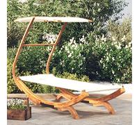 Runheo Chaise longue avec toit en bois de hêtre massif - 100 x 190 x 134 cm - Crème - Avec protection solaire - Pour jardin, terrasse, balcon, réglable, résistant aux intempéries, avec auvent pliable