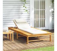 Runheo Chaise longue de jardin en bois d'acacia massif avec dossier réglable et coussin blanc crème, pliable, résistant aux intempéries, ergonomique pour terrasse, balcon et détente en plein air