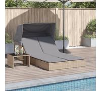 Runheo Chaise Longue Double en Poly rotin Beige avec auvent rétractable et Coussins Gris Clair, Dossier inclinable, accoudoirs Confortables, idéale pour Jardin terrasse Piscine et détente