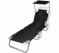 Runheo Chaise Longue Pliable en Acier avec Tissu Noir, Dossier réglable et auvent, transat Bain de Soleil pour Jardin terrasse Piscine, Fauteuil Relax inclinable léger et résistant