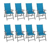 Runheo Chaises inclinables de Jardin en Bois d'acacia Massif Gris avec Coussins Bleus Lot de 8 fauteuils réglables Dossier 5 Positions pour extérieur terrasse Piscine Patio Confort Ergonomique