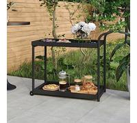 Runheo Chariot de bar noir 100 x 45 x 83 cm en poly rotin avec cadre en acier revêtu par pulvérisation, 4 roues, chariot de cuisine mobile pour espace de rangement, chariot d'appoint, chariot de