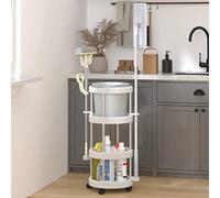Runheo Chariot de nettoyage avec cadre en aluminium, panier de rangement, 34 x 75 cm, 4 roulettes, peu encombrant, avec supports pour balai, récurateur, polyvalent pour cuisine, salle de bain, bureau