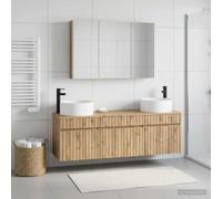 Runheo Ensemble d'armoire de Salle de Bain 4 pièces en Bois d'ingénierie avec Rangement, Miroir LED, Montage Mural, idéal pour Salle de Bain Moderne, avec Grande capacité, Finition chêne Artisanal