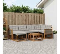 Runheo Ensemble de canapés d'extérieur 7 pièces en Bois d'acacia Massif et Textilène Gris Clair pour Jardin terrasse et Piscine avec Table, fauteuils, Pouf et Coussins Confortables