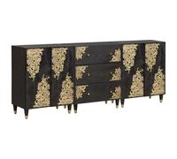 Runheo Ensemble de Meubles de Salle de Bain Noir en Bois de manguier Massif 3 pcs avec tiroir, Portes et Rangement Mural décor doré pour Chambre, Salon, Cuisine, Salle Bain Moderne