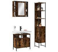 Runheo Ensemble Meuble Salle de Bain 3 pcs chêne fumé avec Armoire Miroir, Meuble lavabo, Colonne Rangement, Pieds réglables, Design Compact et pour Toilette et buanderie