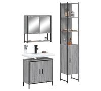 Runheo Ensemble Meuble Salle de Bain 3 pcs Sonoma Gris avec Vasque Miroir Colonne Rangement Compact, Meubles Suspendus et Commode Simple pour Toilette Moderne