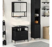 Runheo Ensemble Meuble Salle de Bain en Bois d'ingénierie Noir, Meuble sous évier 60x30x60 cm, Meuble Mural 60x16x60 cm avec Miroir et étagères, Rangement Moderne Compact