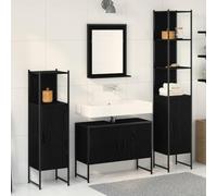 Runheo Ensemble Meuble Salle de Bain Noir 4 pcs avec Armoire Colonne, Vasque, Miroir et étagère Suspendue, Rangement Compact Moderne Design, pour Toilette et buanderie