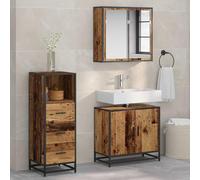 Runheo Ensemble mobilier Salle de Bain 3 pcs Bois Ancien avec Miroir, Armoire, Colonne et tiroirs, Rangement Mural Compact, Design Moderne pour Toilette, Douche et buanderie