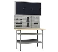 Runheo Établi atelier robuste 120 cm avec armoires de rangement, panneaux perforés et support outil pour bricolage garage, plan de travail pliant, stockage sécurisé, support étau, capacité 300 kg