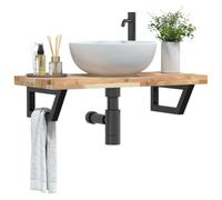 Runheo Étagère de Vasque Murale Acier et Bois Massif d'acacia pour Salle de Bain, Meuble lavabo avec Support trapèze, Rangement Suspendu Gain Place, Compatible lavabo Simple ou Double