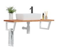 Runheo Étagère de Vasque Murale en Acier Blanc avec Plateau Bois Massif hêtre 100x50 cm Support trapèze pour Rangement Salle de Bain Organiseur Suspendu