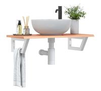 Runheo Étagère de Vasque Murale en Acier Blanc et Bois de chêne Massif Marron Clair 80x40 cm Support trapèze Robuste pour Salle de Bain Rangement Suspendu