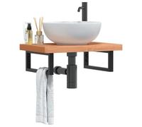 Runheo Étagère de Vasque Murale en Acier Noir et Bois Massif de hêtre laqué 60 x 40 cm pour Salle de Bain avec Support rectangulaire Robuste et Rangement Suspendu Solide