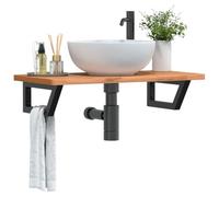 Runheo Étagère de Vasque Murale en Acier Noir et Bois Massif hêtre, capacité 100 kg, Design trapèze Gain Place pour Salle de Bain, Support Stable pour lavabo Simple ou Double