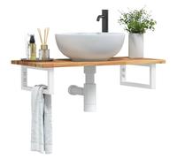 Runheo Étagère d'évier murale en acier et bois d'acacia, 100 x 40 cm, avec 2 supports, peu encombrant et robuste, pour lavabo et salle de bain, structure en métal blanc, surface de rangement