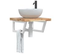 Runheo Étagère Murale pour Vasque en Acier Blanc et Bois Massif d'acacia 50x50 cm Robuste Support trapèze pour Salle de Bain Rangement Design Moderne