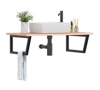 Runheo Étagère Murale pour Vasque en Acier Noir avec Plateau en Bois de chêne Massif 100x60 cm Design trapèze pour Salle de Bain Rangement Suspendu Robuste