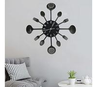 Runheo Horloge Murale Aluminium 40 cm avec cuillère et Fourchette Noir décor pour Cuisine Salon Chambre Bureau Salle à Manger