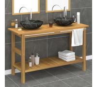 Runheo Lavabo de salle de bain avec lavabo en marbre noir, meuble bas en teck massif 132 x 45 x 75 cm, double lavabo avec espace de rangement, barre porte-serviettes, debout pour toilettes d'invités