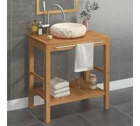 Runheo Lavabo en teck massif avec lavabo en marbre crème, meuble de salle de bain avec espace de rangement, barre porte-serviettes et étagère pour salle de bain, WC d'invités, peu encombrant et stable