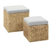 Runheo Lot de 2 ottomans rembourrés en jonc de mer gris avec espace de rangement, tabourets en deux tailles, matériau robuste, peu encombrant, pour salon, chambre à coucher, couloir et chambre
