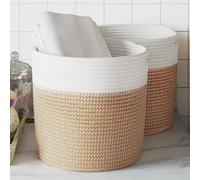 Runheo Lot de 2 paniers de rangement, marron, blanc, diamètre 28 x 28 cm, coton et polyester, pliable, peu encombrant, avec poignées, panier polyvalent pour jouets, linge, ordre dans le salon et la