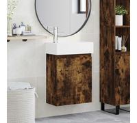Runheo Meuble de Salle de Bain chêne fumé avec Robinet mélangeur et évacuation à Poussoir, Rangement Suspendu Compact 45,5 x 22,5 x 84 cm pour optimisation d’Espace Mural