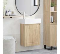 Runheo Meuble de Salle de Bain chêne Sonoma avec Vasque céramique, Robinet mitigeur métallique, Rangement spacieux, Porte réversible, Montage Mural Compact pour Salle de Bain Moderne