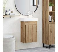 Runheo Meuble de salle de bain en chêne Artisan avec lavabo et mitigeur argenté, espace de rangement compact, montage mural, porte réversible, peu encombrant, pour WC et salle de bain