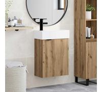 Runheo Meuble de Salle de Bain en chêne Artisanal avec Robinet mélangeur Noir, lavabo céramique Blanc, Grand Rangement sous Vasque, Porte réversible, Montage Mural pour Salle Bain Moderne
