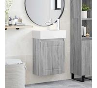 Runheo Meuble de salle de bain gris Sonoma avec lavabo en céramique, robinet mélangeur, espace de rangement, montage mural, porte réversible, peu encombrant, pour salle de bain moderne et WC d'invités