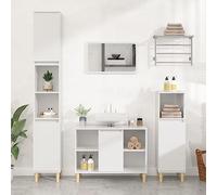 Runheo Meuble lavabo Blanc Brillant en Bois d'ingénierie 80x33x60 cm avec Pieds en Bois d'eucalyptus, Armoire sous évier à Porte et 5 Compartiments pour Rangement Salle de Bain Organiseur
