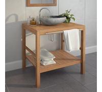 Runheo Meuble lavabo en Teck Massif 74x45x75 cm avec Trou Drainage Vasque Armoire Salle de Bain Rangement sous lavabo Main Courante Acier Finition Nickel brossé Pieds Stables Usage Mural ou Sol