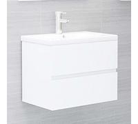 Runheo Meuble sous lavabo blanc avec bassin encastré en bois et céramique 60 x 38,5 x 45 cm avec tiroir, robinet, vidange push-open, espace de rangement pour salle de bain et WC d'invités, peu