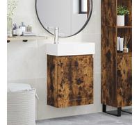 Runheo Meuble sous lavabo de salle de bain avec lavabo en céramique blanche, espace de rangement spacieux et robinet mitigeur argenté, armoire de salle de bain peu encombrante avec porte réversible