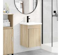 Runheo Meuble sous lavabo de salle de bain avec lavabo en céramique et mitigeur noir en chêne Sonoma, montage mural, peu encombrant, avec espace de rangement et bonde push pour WC d'invités