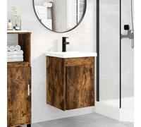 Runheo Meuble sous lavabo de salle de bain avec lavabo en céramique et mitigeur noir, peu encombrant, montage mural, avec espace de rangement et bonde poussoir, pour WC et salle de bain