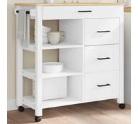 Runheo Monza Chariot de cuisine en pin massif 84 x 40 x 88,5 cm avec 4 tiroirs, chariot à roulettes avec étagères et crochets, chariot d'appoint mobile pour cuisine, salle à manger et espace de