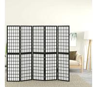 Runheo Paravent 5 pièces style japonais - Paravent brise-vue en bois de sapin massif avec papier de riz Shoji - Pliable - 200 x 170 cm - Noir - Autonome - Pour salon, chambre à coucher, bureau