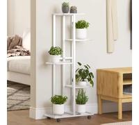 Runheo Support à fleurs à 5 étages avec roulettes en fer revêtu par pulvérisation blanc, 44 x 23 x 100 cm, étagère à plantes peu encombrante pour balcon, terrasse, salon, rangement mobile et