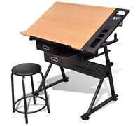 Runheo Table à dessin inclinable réglable en hauteur avec 2 tiroirs et tabouret, plateau en MDF, pieds en fer revêtu par pulvérisation, 118 x 62 x 68,5-134 cm, idéale comme table architecte, table de