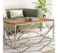 Runheo Table Basse argenté Acier Inoxydable et Bois Massif d'acacia 110x45x45 cm avec Plateau Solide, Meuble Console de Salon, Design Industriel pour séjour Chambre et intérieur Maison