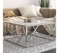 Runheo Table Basse argenté en Acier Inoxydable avec Plateau Verre trempé Finition marbre Blanc 80x80x40 cm pour Salon séjour Chambre intérieur Design Moderne Meuble Console Rangement