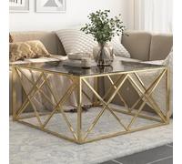 Runheo Table Basse doré en Acier Inoxydable et Verre trempé avec Plateau marbre Noir 100x100x50 cm, Meuble de Salon Moderne, Console de Rangement pour séjour et Chambre