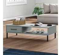 Runheo Table Basse en Bois pin Massif Gris avec Pieds en métal, Plateau Robuste, tiroir et Compartiment de Rangement pour Salon, séjour ou Chambre, Meuble Console Design Industriel