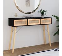 Runheo Table Console Noire en Bois Massif pin 105x30x75 cm avec tiroirs rotin Naturel Rangement, Plateau Robuste pour entrée Salon Bureau décoration Moderne Fonctionnelle