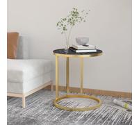 Runheo Table d'appoint doré et marbre Noir avec Plateau en Verre trempé 45 cm diamètre, Meuble Console Salon et Bureau Moderne, Support Pratique Rangement et décoration élégante